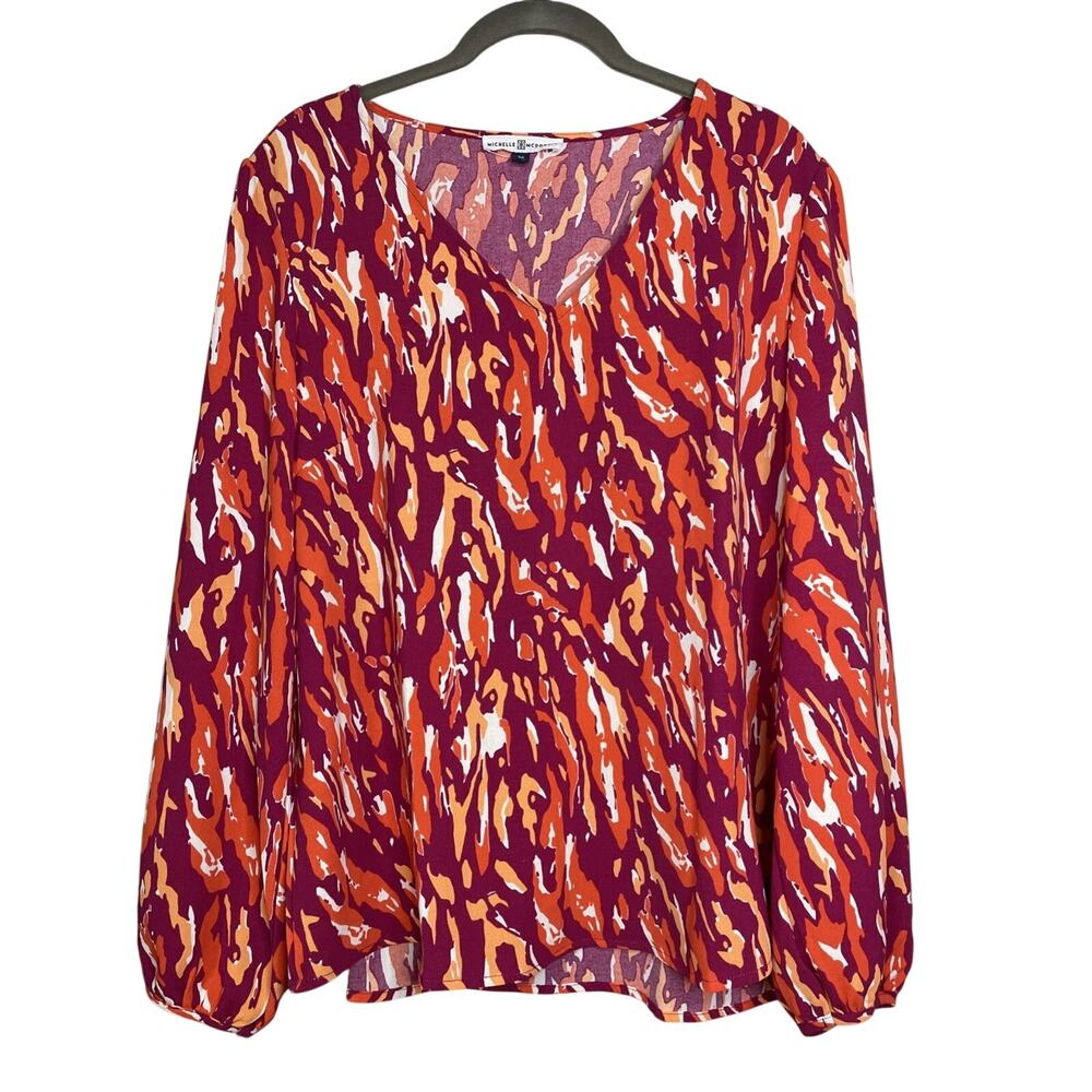 Michelle McDowell Women’s Colorful Orange & Pink Long Sleeve Top V-neck - Medium